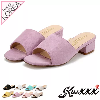 【KissXXX】清新氣質馬卡龍色系絨面小方頭一字款中跟時尚拖鞋35紫
