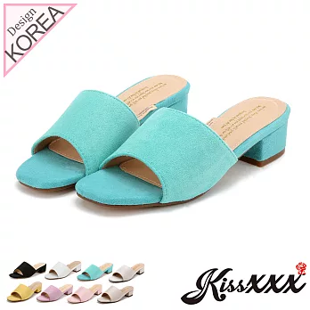 【KissXXX】清新氣質馬卡龍色系絨面小方頭一字款中跟時尚拖鞋35綠