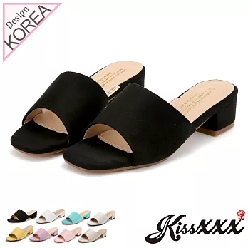 【KissXXX】清新氣質馬卡龍色系絨面小方頭一字款中跟時尚拖鞋35黑