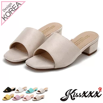 【KissXXX】清新氣質馬卡龍色系絨面小方頭一字款中跟時尚拖鞋35米