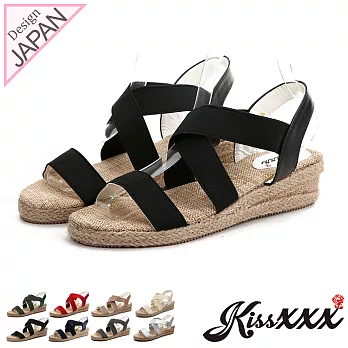 【KissXXX】羅馬風交叉鬆緊彈力帶舒適感小坡跟涼鞋36黑