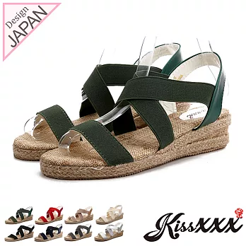 【KissXXX】羅馬風交叉鬆緊彈力帶舒適感小坡跟涼鞋36軍綠