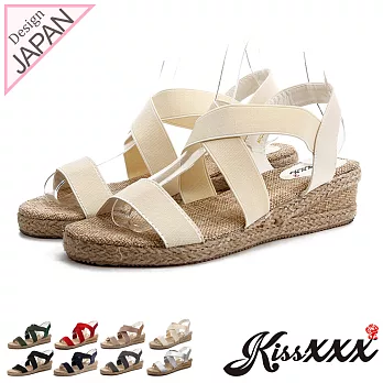 【KissXXX】羅馬風交叉鬆緊彈力帶舒適感小坡跟涼鞋36米白