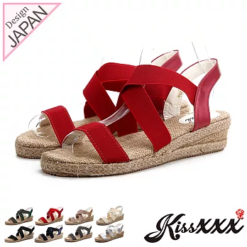 【KissXXX】羅馬風交叉鬆緊彈力帶舒適感小坡跟涼鞋36紅