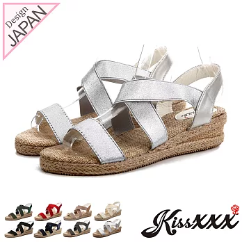【KissXXX】羅馬風交叉鬆緊彈力帶舒適感小坡跟涼鞋36銀