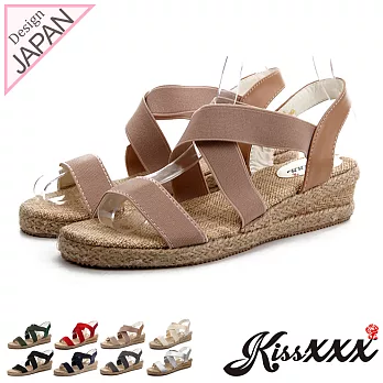 【KissXXX】羅馬風交叉鬆緊彈力帶舒適感小坡跟涼鞋36杏