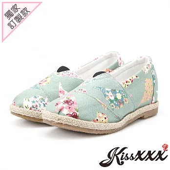 【KissXXX】花朵鳥兒圖樣美腿效果5CM內增高帆布休閒鞋37藍綠
