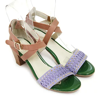 ◤Green Phoenix◥BIS-VITAL 撞色編織金屬釘扣交叉繫踝義大利進口牛皮木質低跟涼鞋36藍色