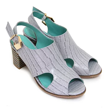 ◤Green Phoenix◥BIS-VITAL 魅力輕熟鏤空壓花紋日本進口小牛皮多彩粗高跟涼鞋35灰色