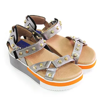 ◤Green Phoenix◥BIS-VITAL 個性本色立體釘扣鏤空金屬感/花豹紋義大利進口動物紋皮厚底涼鞋35鐵灰色