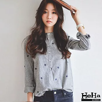 上衣 立領直條紋葉子刺繡襯衫-HeHa-S*