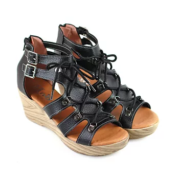 【Pretty】簡約綁帶縷空楔型魚骨涼鞋22.5黑色