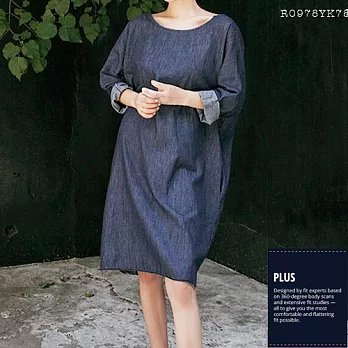 【SCL】T1709 寬鬆一件式背扣造型牛仔連身裙大圓領長袖洋裝M藍色