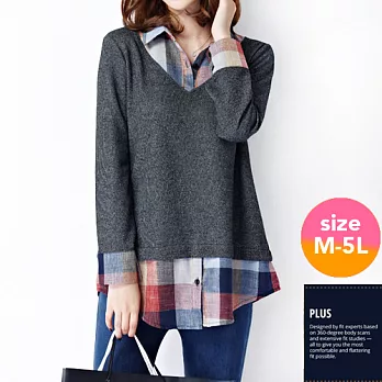 【SCL】T1714 假兩件氣質格紋全棉罩衫M灰色