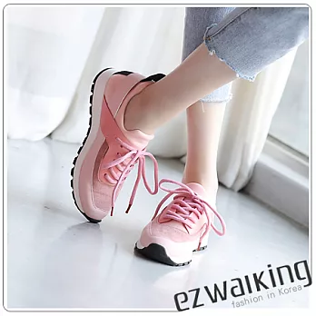 ezwalking{韓國女鞋}皮革混搭綁帶運動鞋-3色黑、灰、粉