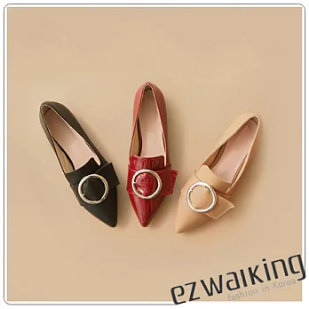 ezwalking{韓國女鞋}圓形皮帶環尖頭平底鞋-3色黑、紅、米