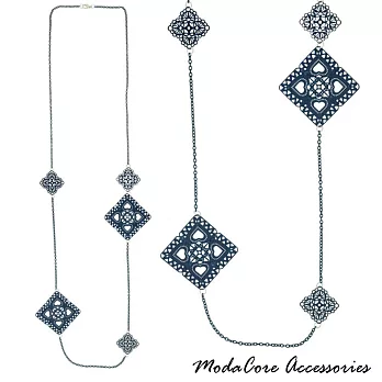 【摩達客】典雅簍空方片深藍長項鍊