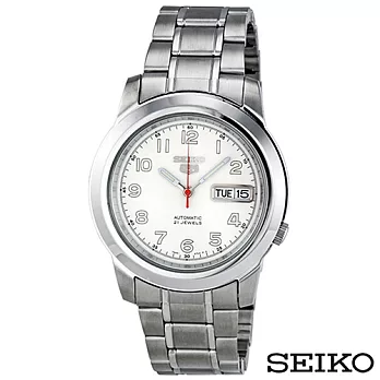 SEIKO精工 精工5日本製造夜光白盤紅色秒針不鏽鋼男士手錶 SNKK33J1
