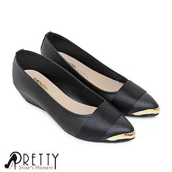 【Pretty】氣質絨布拼接金屬尖頭楔型鞋24黑色
