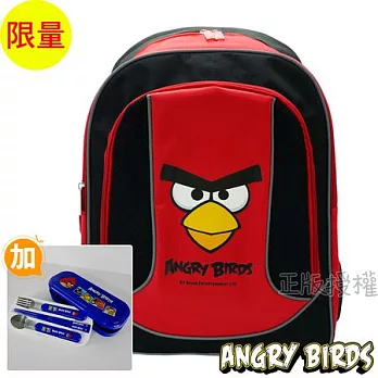 【Angry Birds憤怒鳥】書包+餐具組-經典反光護背三層款(紅色)