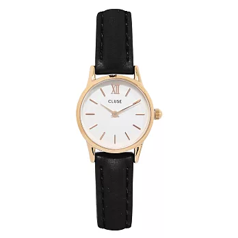 CLUSE荷蘭精品手錶 VEDETTE系列 白錶盤玫瑰金框黑色皮革錶帶24mm