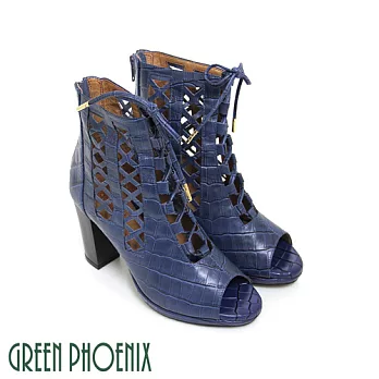 ◤Green Phoenix◥BIS-VITAL 前衛幾何鏤空皮革壓花紋綁帶日本牛皮粗高跟魚口涼鞋EU36藍色