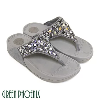 ◤Green Phoenix◥寬版T字不對稱燙碎鑽反絨布厚底夾腳拖鞋EU39灰色
