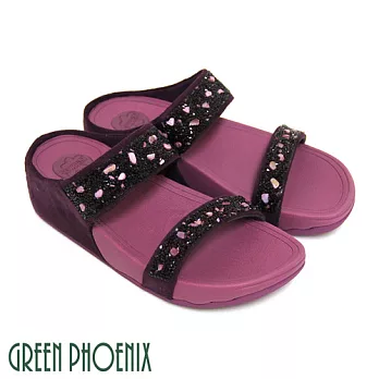◤Green Phoenix◥寬版一字不對稱燙碎鑽反絨布厚底弧形拖鞋EU38紫色