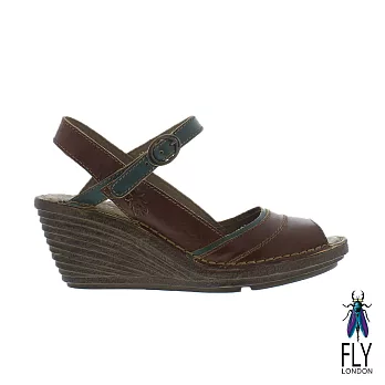 Fly London(女) Gami 魚口描邊真皮楔型高跟涼鞋 - EU36綠邊咖