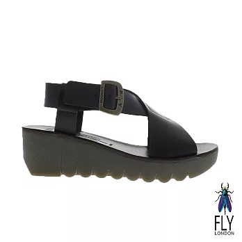 Fly London(女) Yild 大交叉真皮楔型造型涼鞋 - EU36獨特黑