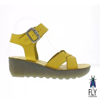 Fly London(女) Yeri 全彩交叉線踝扣真皮造型楔型涼鞋 - EU36檸黃
