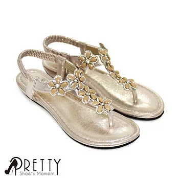 【Pretty】閃耀T字花朵水鑽鬆緊夾腳涼鞋EU37金色