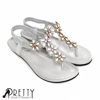 【Pretty】閃耀T字花朵水鑽鬆緊夾腳涼鞋EU36銀色