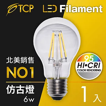 【美國TCP】LED Filament復刻版鎢絲燈泡 全電壓Ra95(A60 6W)1入