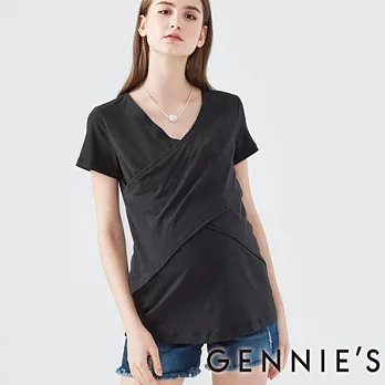 【Gennies專櫃】Gennies系列-垂墜風短袖假兩件上衣-黑