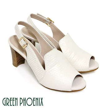 ◤Green Phoenix◥皮革壓立體花紋繞踝全真皮粗高跟魚口涼鞋US5米色