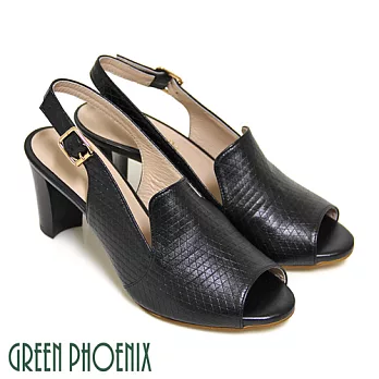 ◤Green Phoenix◥皮革壓立體花紋繞踝全真皮粗高跟魚口涼鞋US5黑色
