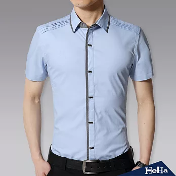 襯衫 純棉拼色修身短袖襯衫 四色-HeHa-L（淺藍）