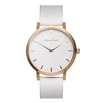 Barbas&Zacári澳大利亞精品手錶 原始系列 白色皮革錶帶 玫瑰金色錶框 白色錶盤43mm