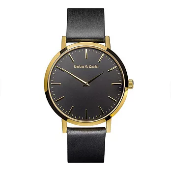 Barbas&Zacári澳大利亞精品手錶 原始系列 黑色皮革錶帶 金色錶框 黑色錶盤43mm