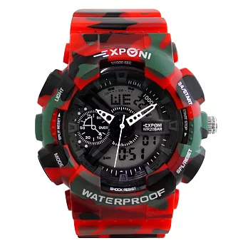 EXPONI 3187 玩酷炫色流行運動電子指針雙顯手錶迷彩紅