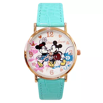 Disney 迪士尼經典組合米奇米妮皮帶錶- 約會水藍