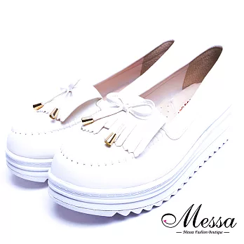 【Messa米莎專櫃女鞋】MIT可愛流蘇蝴蝶結莫卡辛內真皮厚底鬆糕鞋-白色EU35白色