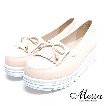 【Messa米莎專櫃女鞋】MIT可愛流蘇蝴蝶結莫卡辛內真皮厚底鬆糕鞋-粉色EU35粉色