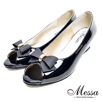 【Messa米莎專櫃女鞋】MIT低調奢華水鑽扣環蝴蝶結漆皮魚口低跟鞋-黑色EU35黑色