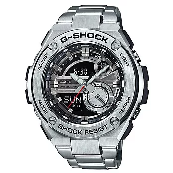 G-SHOCK「絕對強悍」再進化霸氣風格時尚運動限量鋼帶腕錶-銀-GST-210D-1A