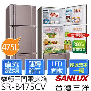 【台灣三洋SANLUX】475公升 三門直流變頻冰箱 SR-B475CV ※全新原廠公司貨