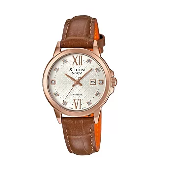 CASIO SHEEN 溫柔氛圍展現時尚女性皮革錶款-玫瑰金-SHE-4525PGL-7A