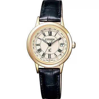 CITIZEN XC 雪白的櫻花季電波時尚優質女性皮革腕錶-金殼+黑-EC1142-05B