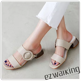 ezwalking{韓國女鞋}圓型皮帶扣環5cm粗跟涼鞋-3色白、米、杏